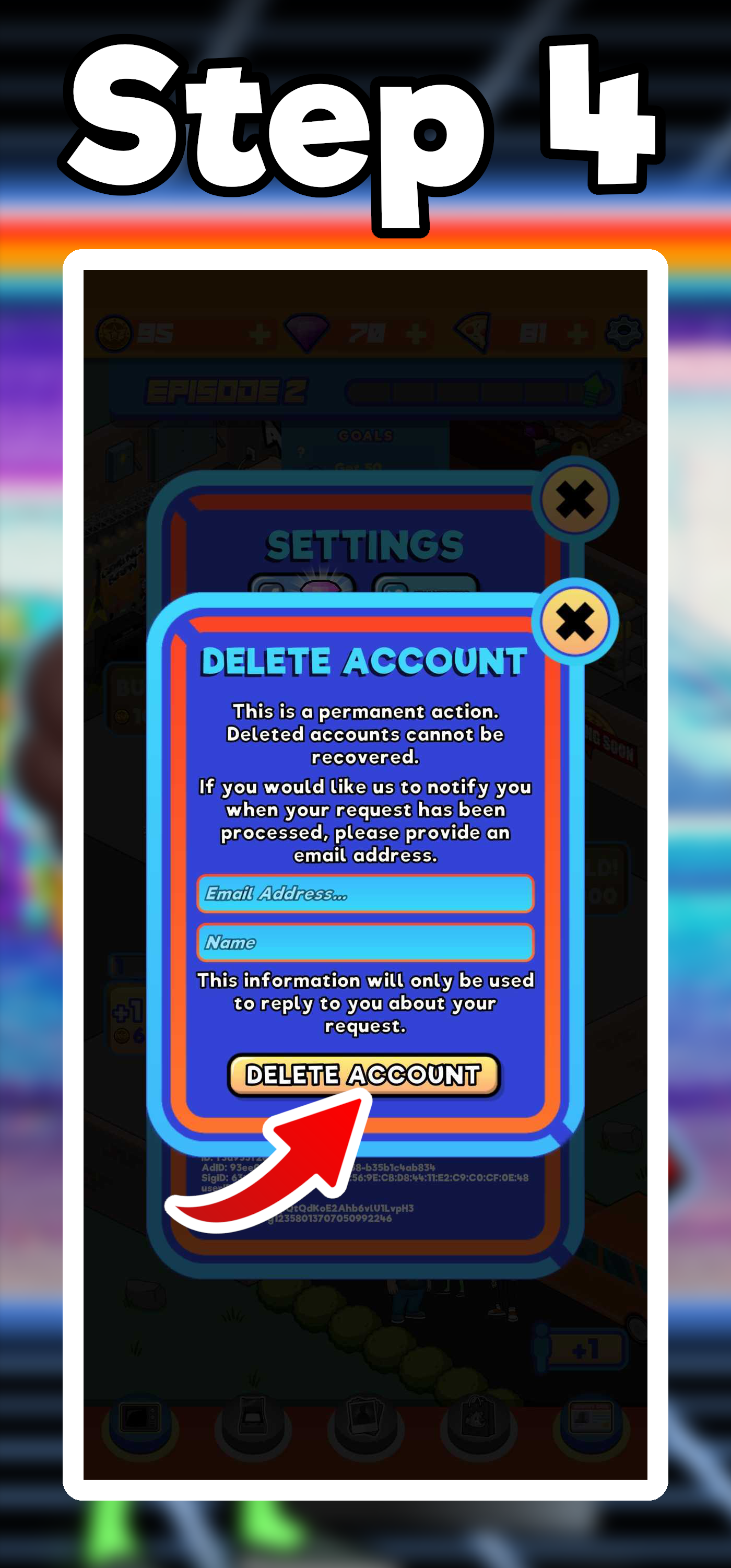 My Arcade Empire Account Deletion Step 4 - Delete Account Prompt