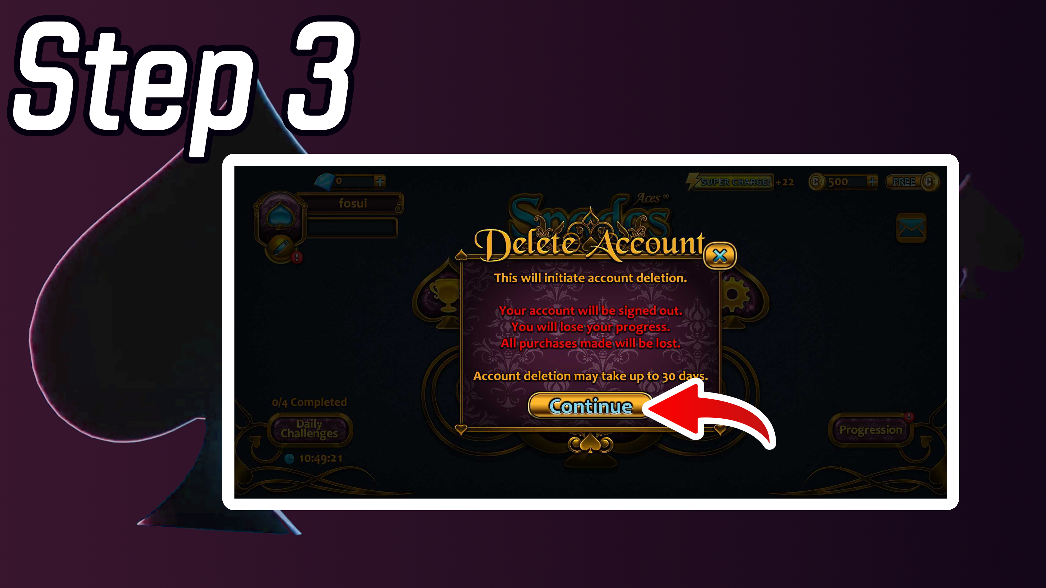 Aces Spades Account Deletion Step 3 - Continue Prompt