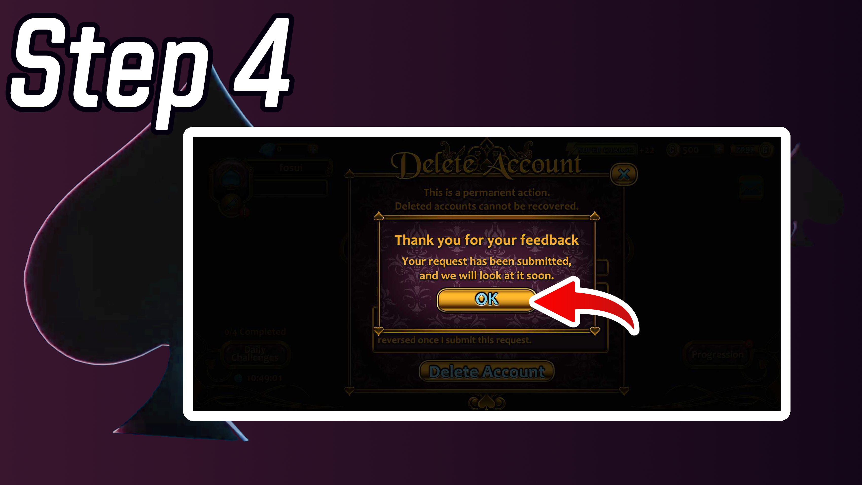 Aces Spades Account Deletion Step 4 - OK Prompt